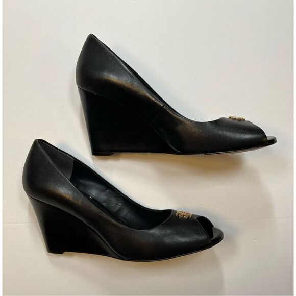 Tory Burch Jolie 85MM Peep Toe Nappa Black Leather Wedge Shoe Size 10.5 Worn 1X - Picture 3 of 12